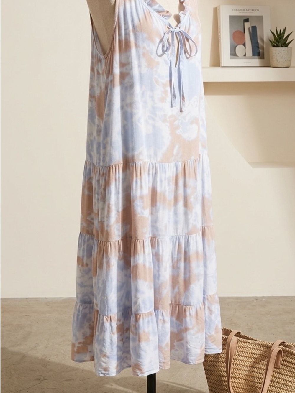 Sofia Made in Italy Tie-Dye Tiered Ruffled Tank Dress in Light Blue & Beige